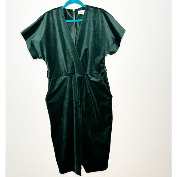Closet London Dress Size 12 Green Velvet Kimono Faux Wrap Pockets No Belt - Picture 1 of 11